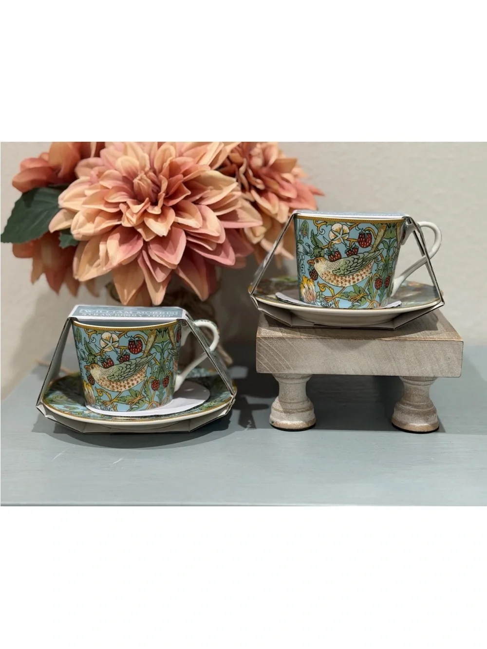 William Morris Strawberry Thief Cup Saucer Leonardo Fine China Tea Set of 2